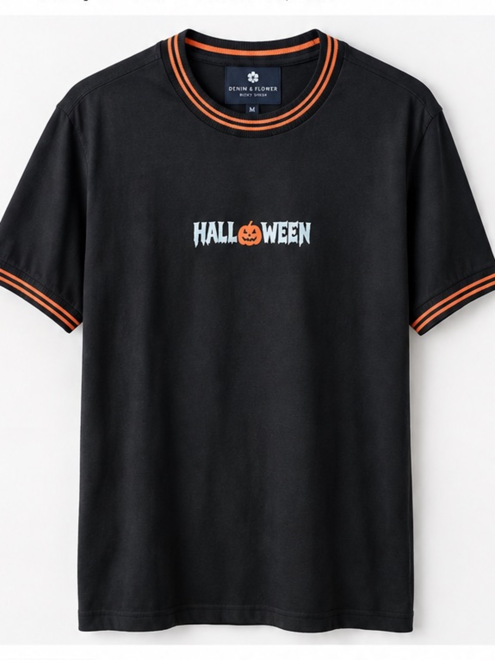 Denim & Flower Black Short-Sleeve Halloween Graphic Tee with Orange Trim